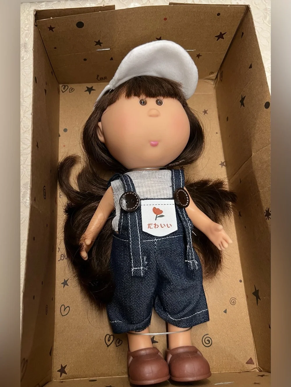 New, Mia Potato Fashion Doll with Brown Hair and White Cap - Cute Jean Overalls